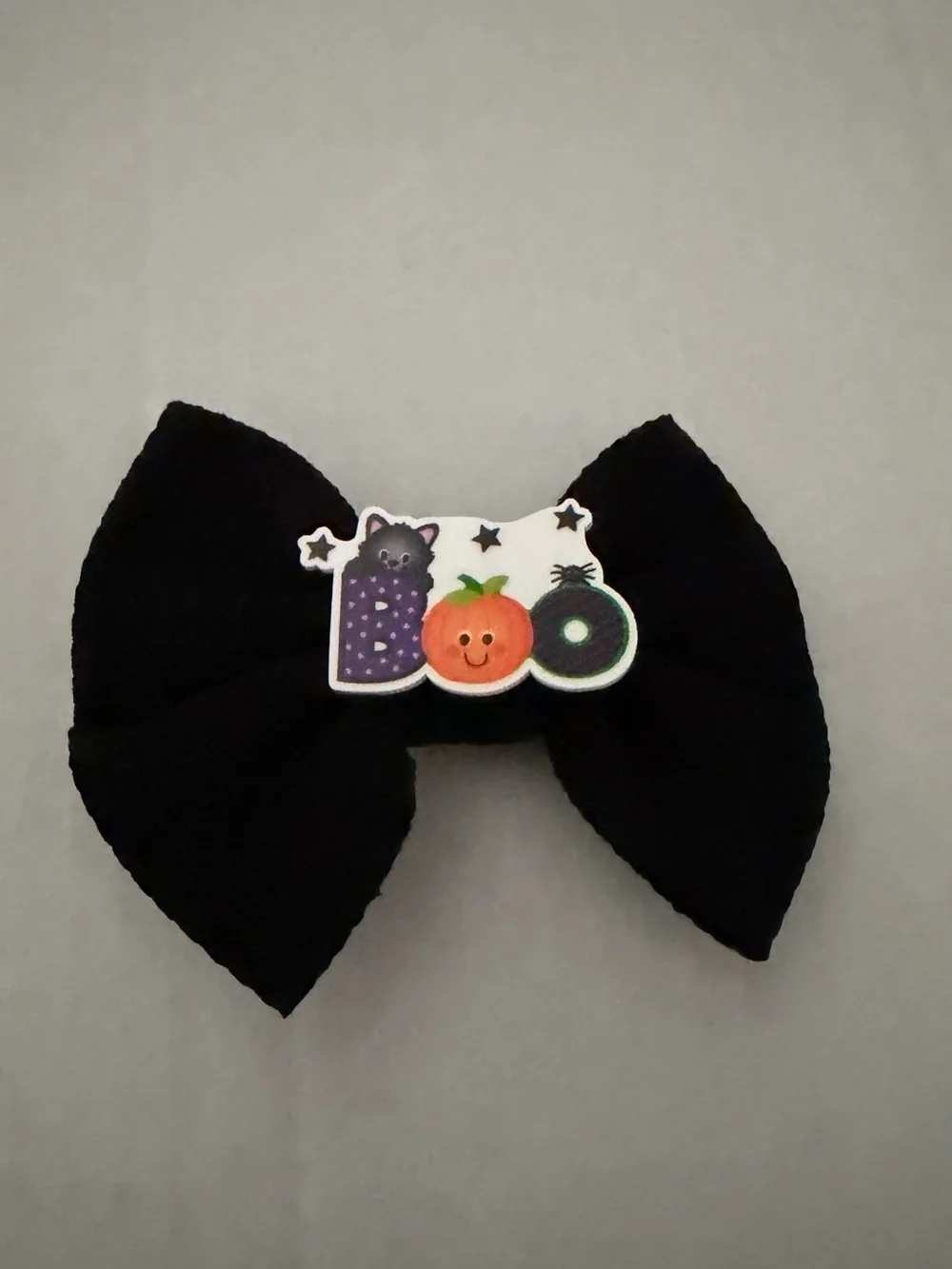 Black Fabric Bow Hair Clip with Halloween Boo Accent